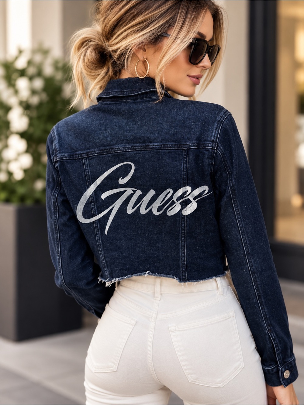 GUESS Cropped Denim Jacket Medium Dark Wash Stretch Raw Hem Script Logo Y2K